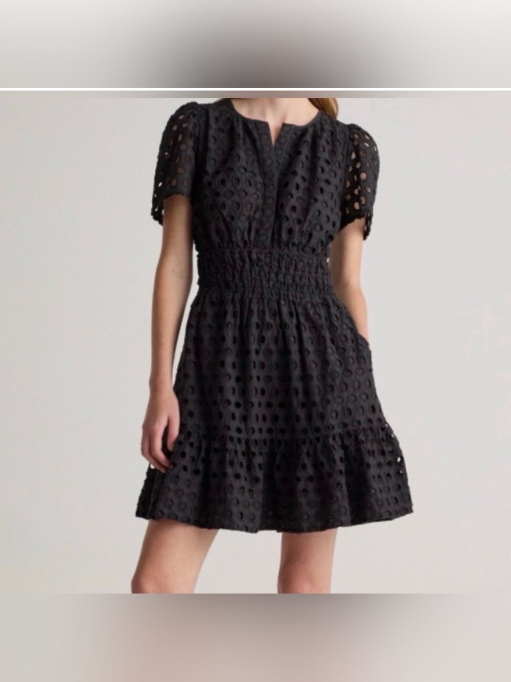 Quince 100% Organic Cotton Eyelet Smocked Dress - Black